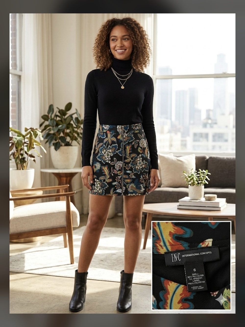 INC International Concepts Black Floral Zip-Front Mini Skirt